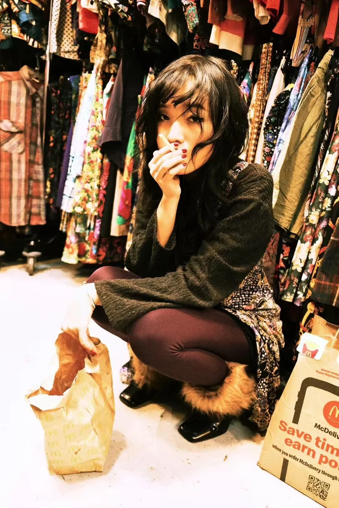 A portrait in an amber-lit clothing shop.