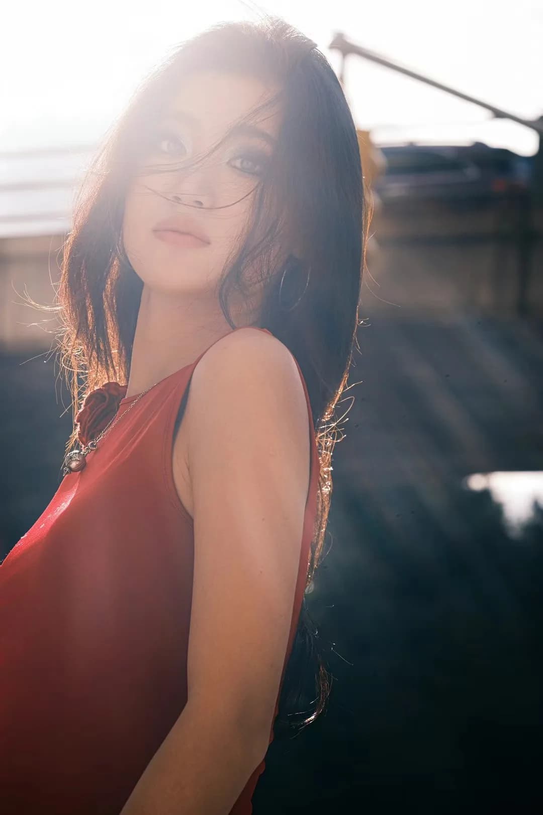 A red top in golden backlight.