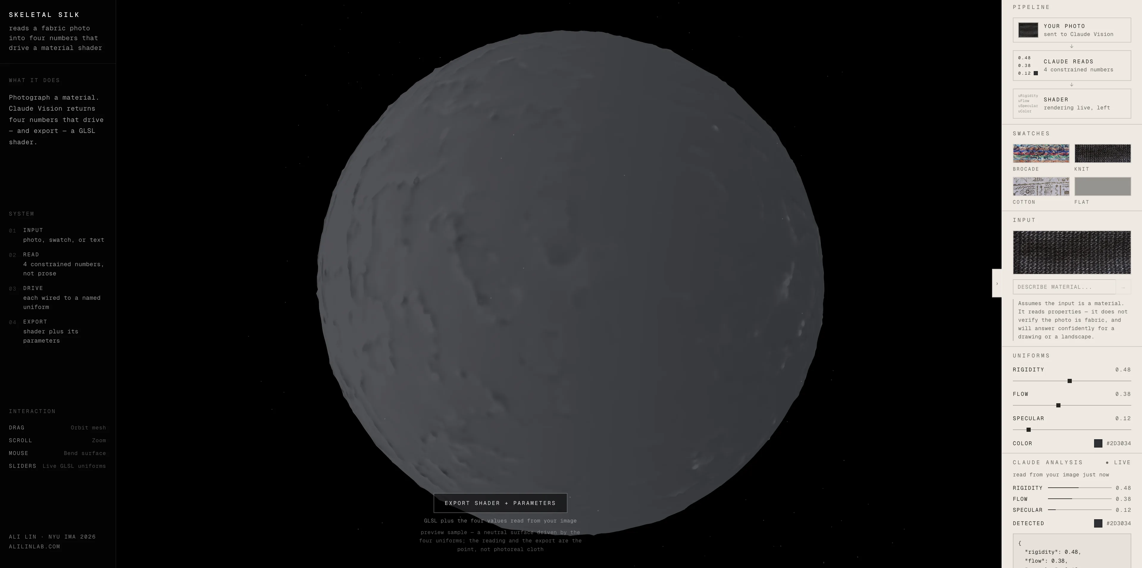 The Skeletal Silk preview surface, a large grey sphere lit from the upper left and centred on black, with an export shader and parameters button beneath it.